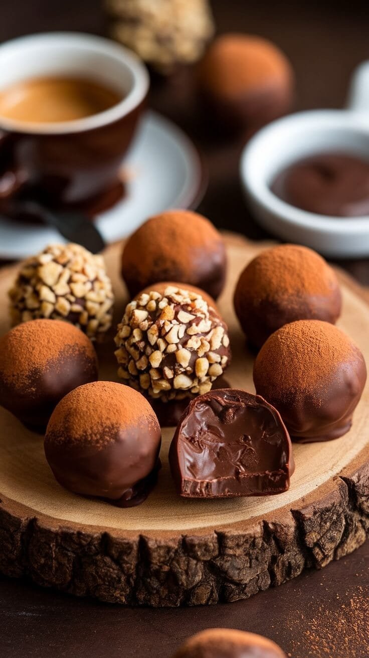 10 Irresistible Keto &Amp; Sugar-Free Desserts For Guilt-Free Indulgence 4 A wooden plate with various chocolate truffles, some dusted with cocoa powder and others rolled in nuts, with coffee cups in the background.