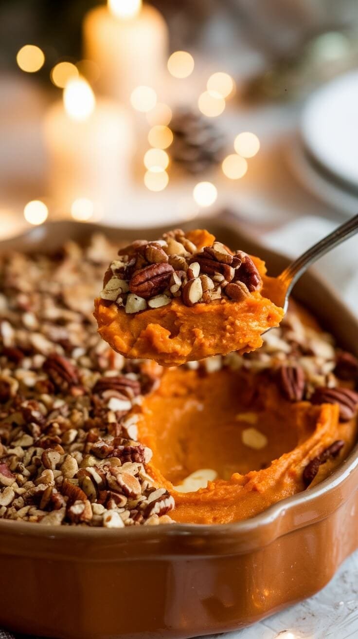 6 Festive Keto Recipes For Low-Carb Holiday Celebrations 4 A close-up of a baked sweet potato casserole topped with pecans, with a spoonful taken out.