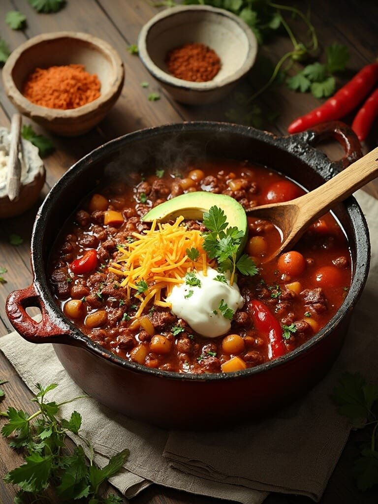 "overhead view of traditional beef chili with beans, tomatoes, peppers in a dutch oven, garnished with cheese, sour cream, avocado, and cilantro on a rustic wooden table"
