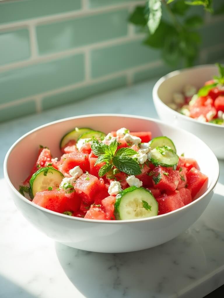"fresh watermelon feta mint salad with cucumber in a white bowl on a marble countertop"