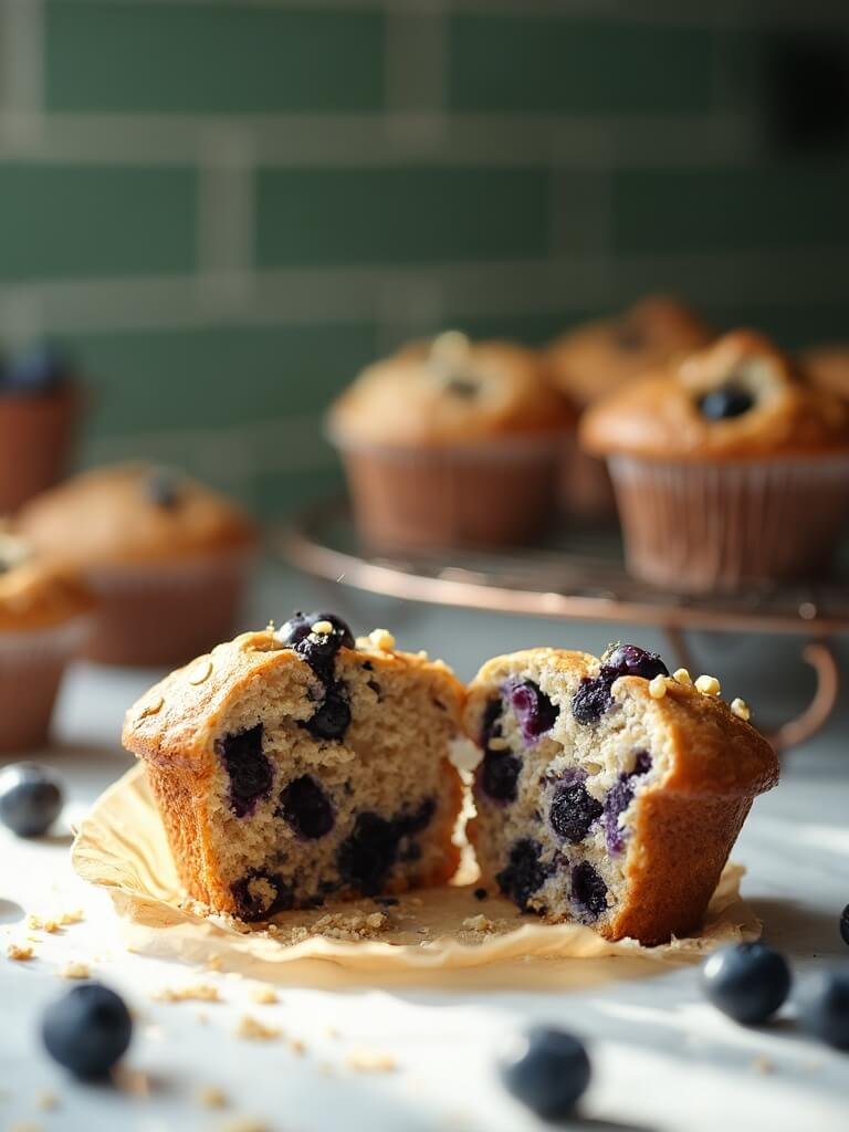 "freshly baked whole wheat blueberry muffins with honey drizzle on a marble counter, with additional muffins on a rustic cooling rack in a modern kitchen setting with green subway tile backsplash"