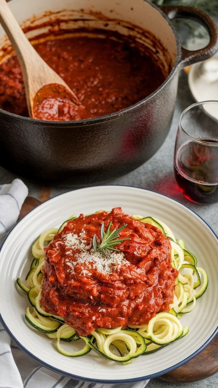 10 Low-Carb Italian Favorites That Are Full Of Flavor 7 A plate of wild boar ragu served over zucchini noodles, with a pot of sauce in the background.