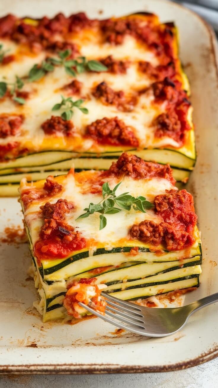 10 Low-Carb Italian Favorites That Are Full Of Flavor 11 A serving of zucchini lasagna with layers of zucchini, meat sauce, and melted cheese