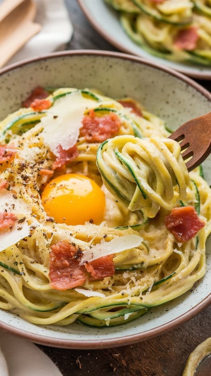 10 Low-Carb Italian Favorites That Are Full Of Flavor 4 A bowl of zucchini noodle carbonara topped with an egg yolk, crispy bacon, and cheese shavings