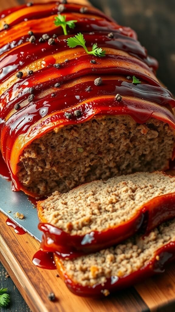 7 Delicious Low-Carb Keto Comfort Foods For Cozy Nights 4 A close-up of bacon-wrapped keto meatloaf, sliced and garnished with parsley, on a wooden cutting board.