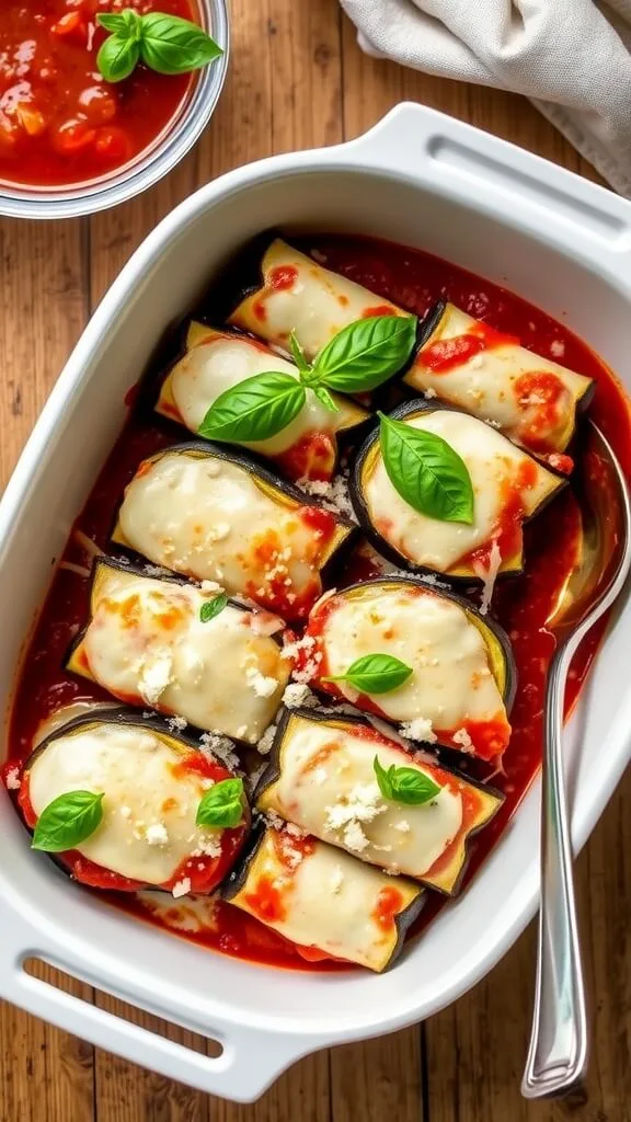 9 Delicious Low Carb Italian Recipes To Savor 6 A dish of eggplant rollatini topped with marinara sauce and herbs.