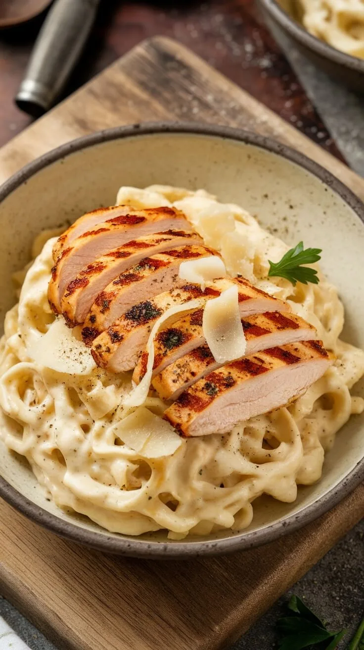 9 Delicious Low Carb Italian Recipes To Savor 9 A bowl of keto chicken alfredo with grilled chicken and cauliflower noodles.