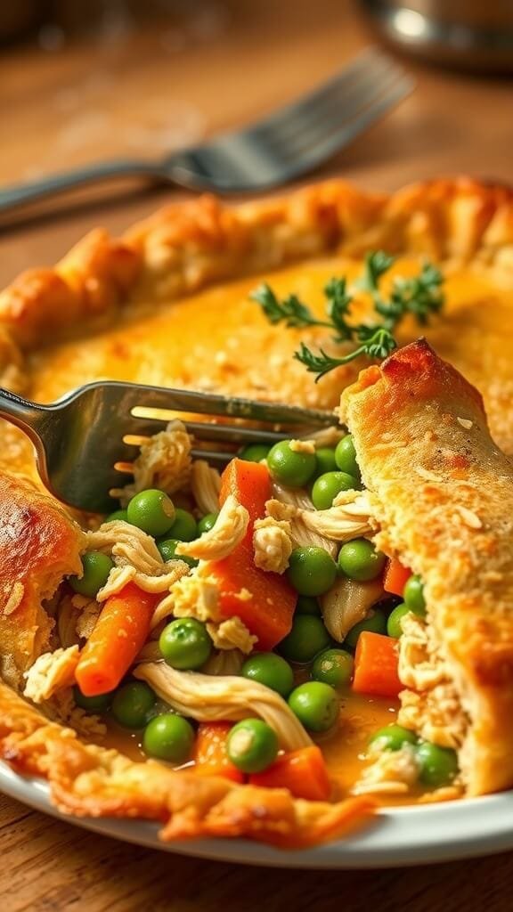 7 Delicious Low-Carb Keto Comfort Foods For Cozy Nights 9 A steaming slice of chicken pot pie with almond flour crust, showing colorful filling of chicken, carrots, and peas.