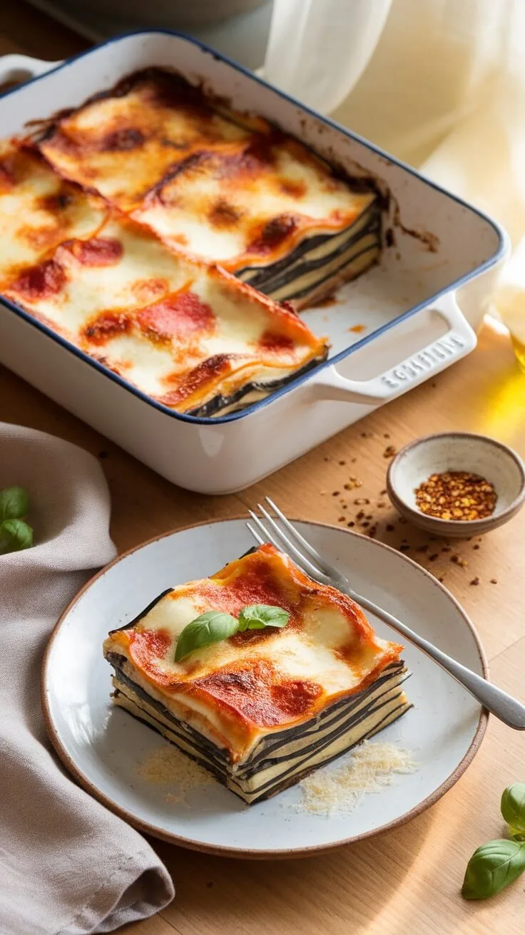 9 Delicious Low Carb Italian Recipes To Savor 3 A close-up of a baking dish filled with eggplant lasagna, featuring layers of eggplant, marinara sauce, and melted cheese.