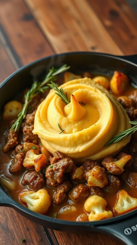 7 Delicious Low-Carb Keto Comfort Foods For Cozy Nights 3 A delicious looking low-carb shepherd's pie with cauliflower mash, served in a cast-iron skillet.