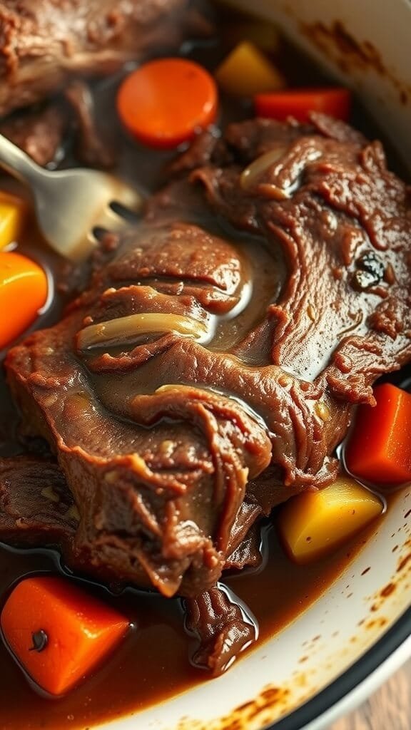 7 Delicious Low-Carb Keto Comfort Foods For Cozy Nights 7 A close-up of a slow cooker pot roast with sliced beef, herbs, and vegetables in a rich broth.
