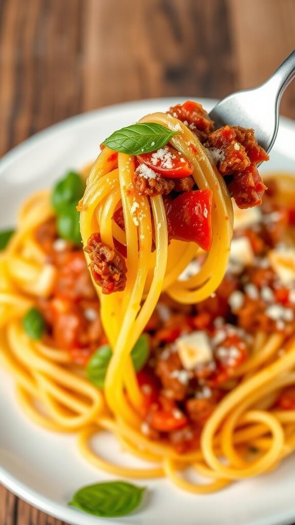 7 Delicious Low-Carb Keto Comfort Foods For Cozy Nights 5 Image of spaghetti squash topped with meat sauce and a fork picking up strands of squash.