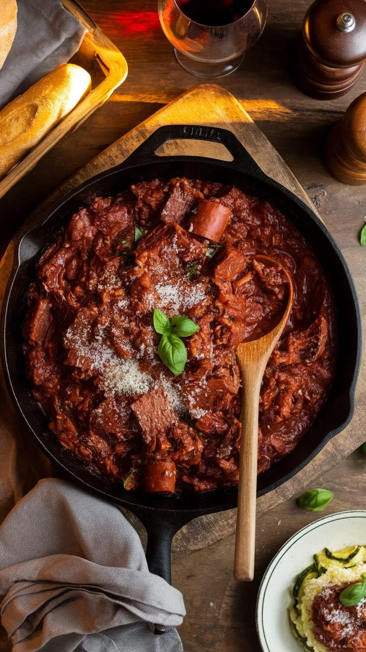 9 Delicious Low Carb Italian Recipes To Savor 7 A pot of wild boar ragu sauce with fresh herbs on top.