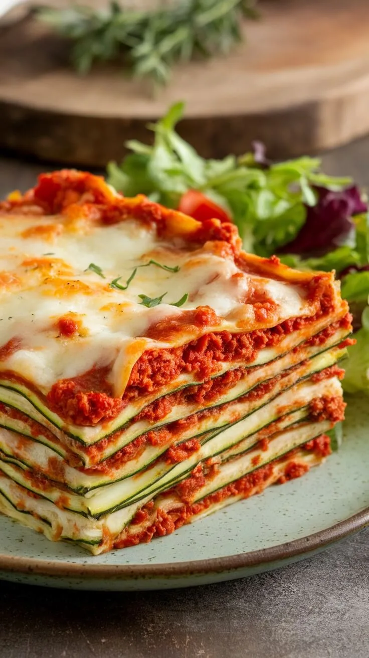 9 Delicious Low Carb Italian Recipes To Savor 10 A plate of zucchini lasagna with layers of zucchini, meat sauce, and cheese.