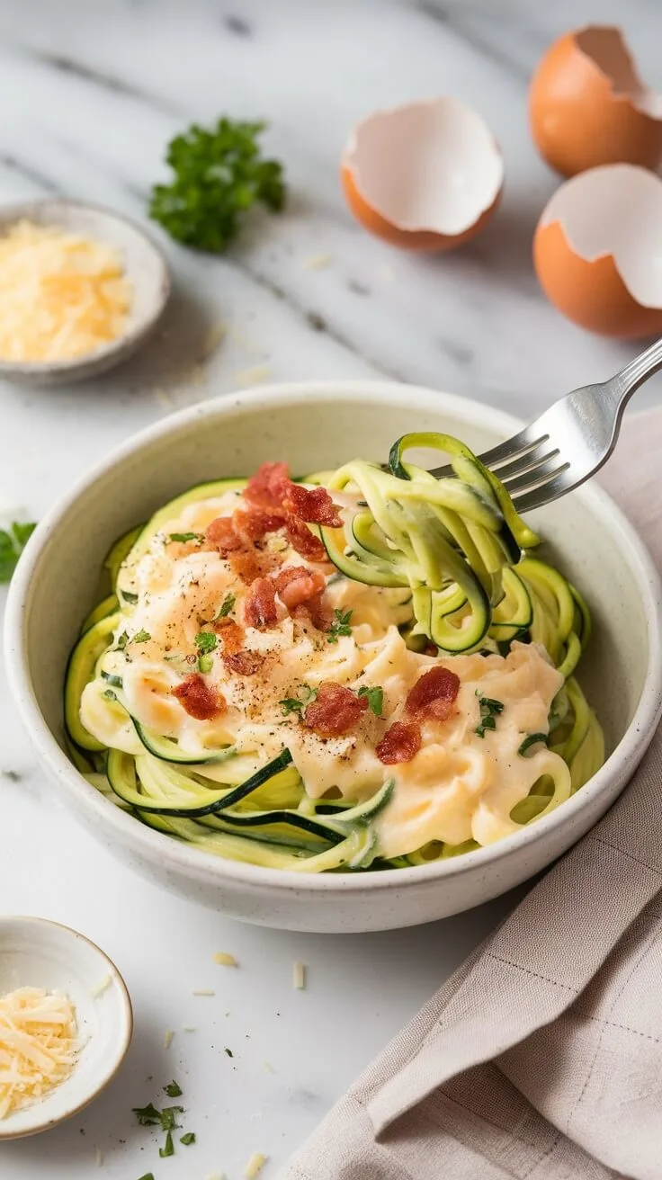 9 Delicious Low Carb Italian Recipes To Savor 4 Zucchini noodle carbonara with crispy bacon