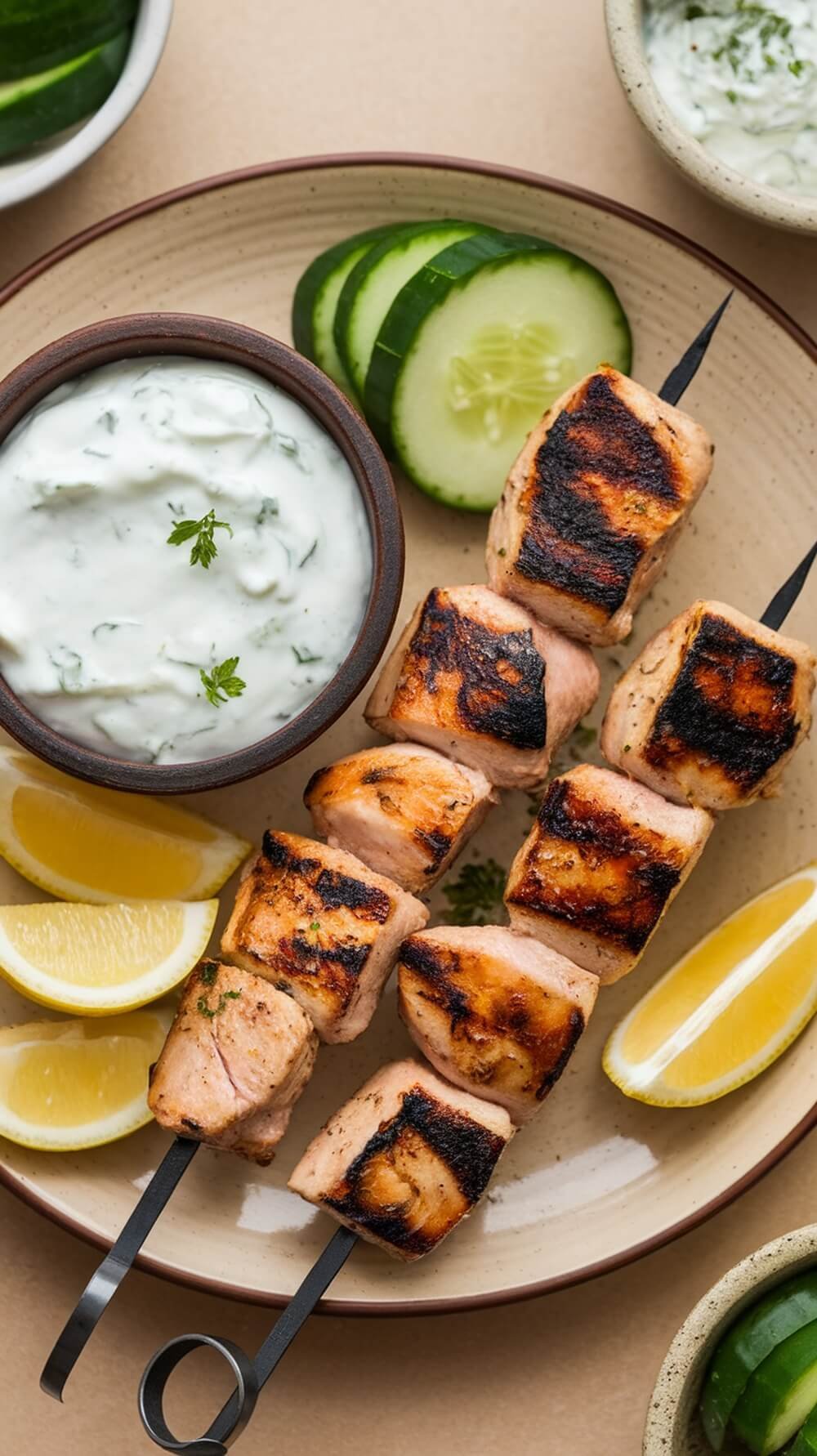 8 Delicious Lunch Bowl Ideas For A Healthy Meal π₯π² 8 Grilled chicken souvlaki skewers with tzatziki sauce, cucumber slices, and lemon wedges