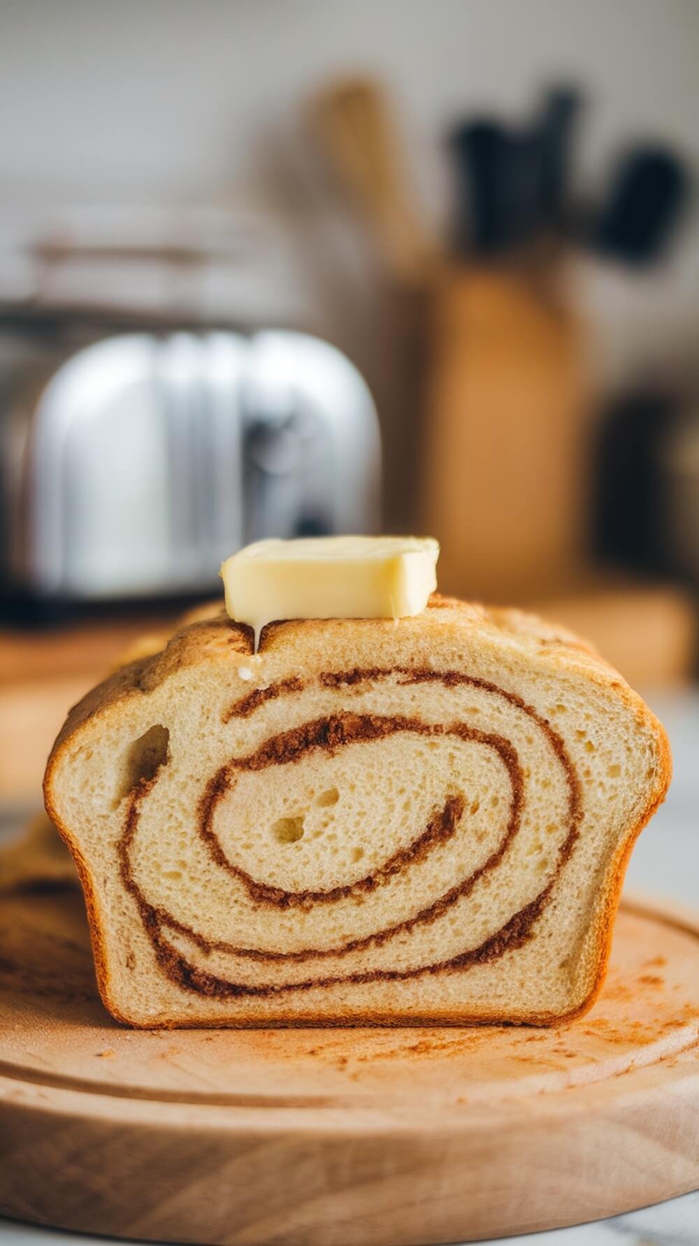 Deliciously Healthy Breakfast &Amp; Brunch Ideas π₯ 5 A loaf of keto cinnamon swirl bread with a pat of butter on top, sliced to show the cinnamon swirls inside.