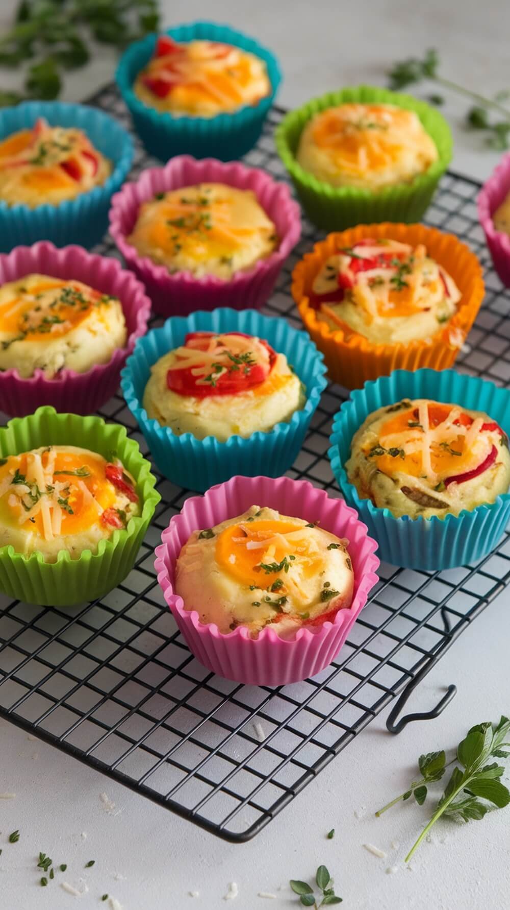 Deliciously Healthy Breakfast &Amp; Brunch Ideas π₯ 3 Colorful keto egg muffins in silicone cups on a cooling rack