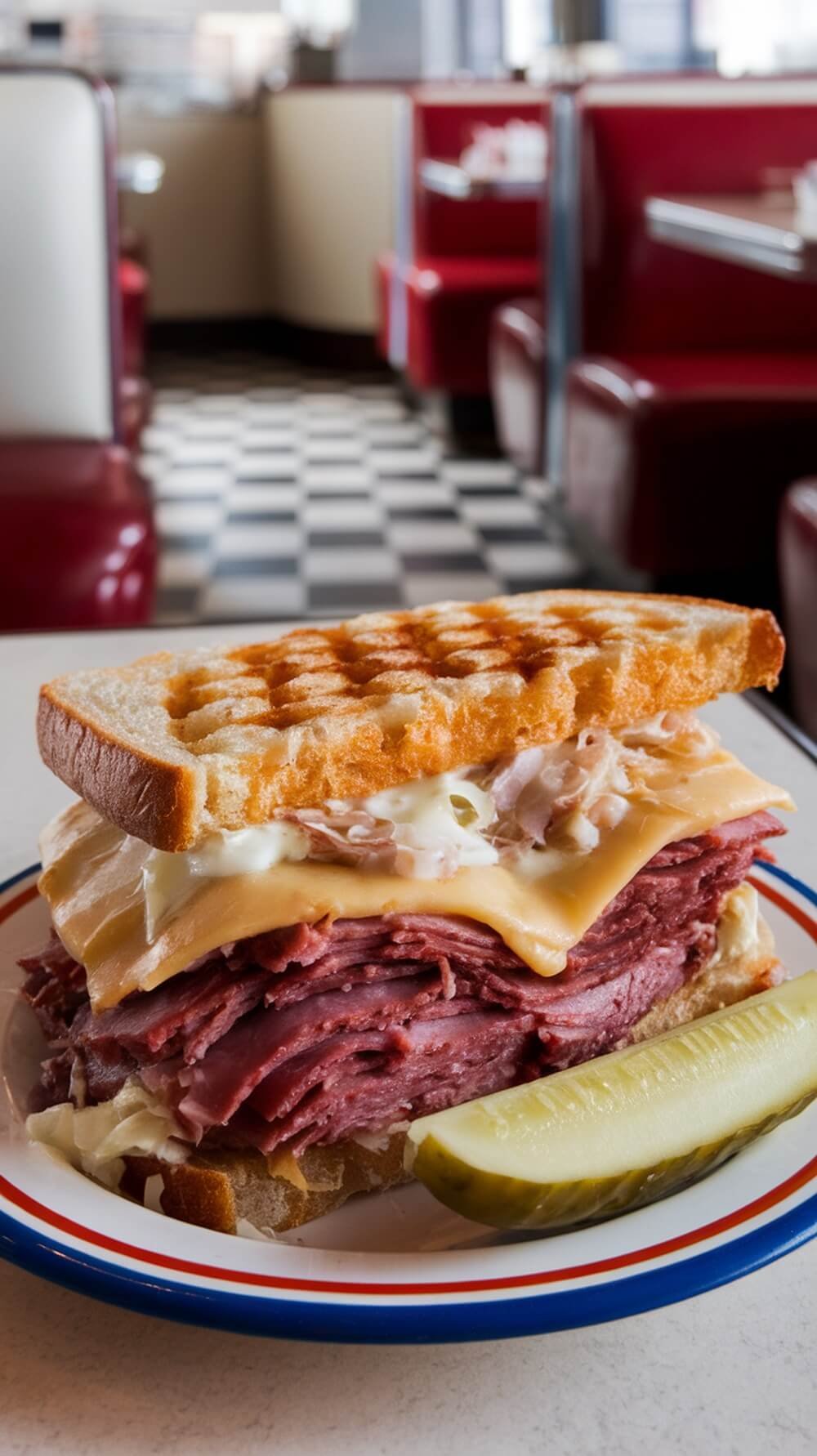 8 Delicious Lunch Bowl Ideas For A Healthy Meal π₯π² 5 A reuben chaffle sandwich with corned beef, cheese, and a pickle on the side.