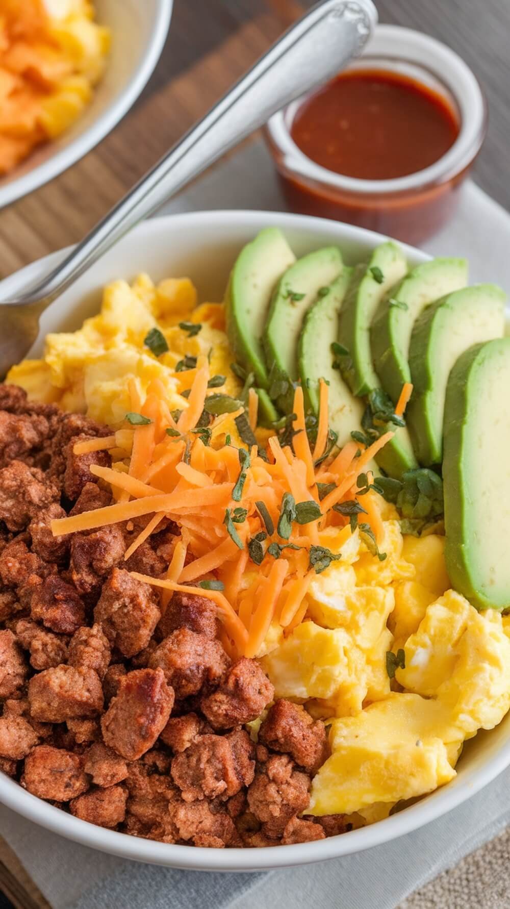 Deliciously Healthy Breakfast &Amp; Brunch Ideas π₯ 4 A hearty sausage and egg breakfast bowl with scrambled eggs, sausage, avocado, and carrots.