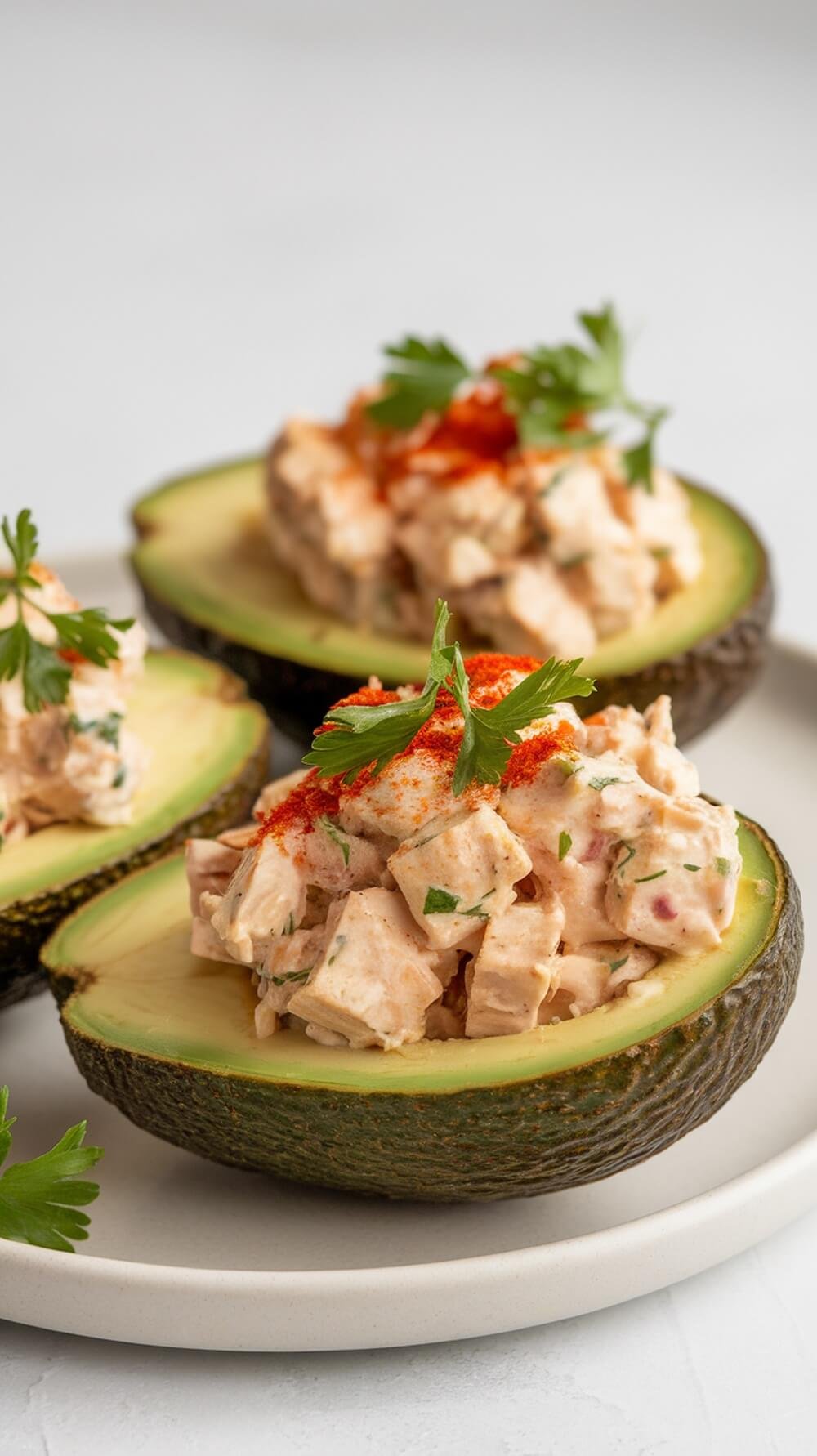 8 Delicious Lunch Bowl Ideas For A Healthy Meal π₯π² 9 Smoky chicken salad stuffed in avocado halves, garnished with paprika and fresh herbs.
