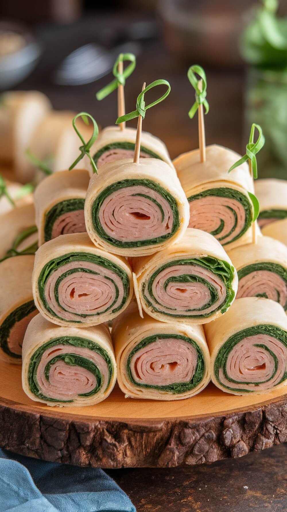 8 Delicious Lunch Bowl Ideas For A Healthy Meal π₯π² 4 A stack of turkey and cheese pinwheels with green spinach, secured with toothpicks.