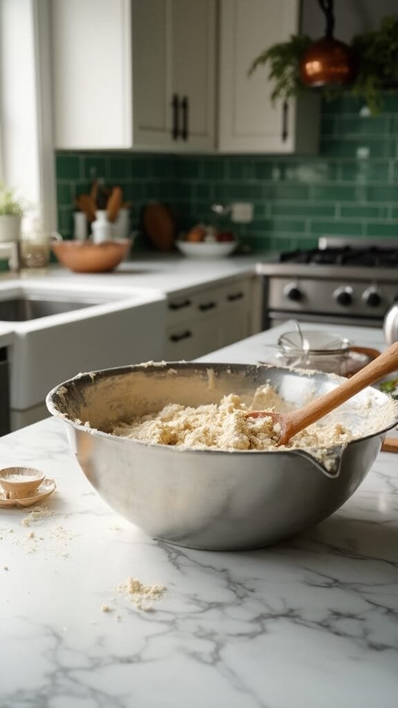 Low-Carb Almond Flour Pizza &Amp; Pie Crust (Keto-Friendly, Gluten-Free) 4 Overhead shot of almond flour dough in a stainless steel bowl with a wooden spoon resting on edge, on a white marble countertop in a sunlit modern kitchen with green subway tile backsplash and copper pots.