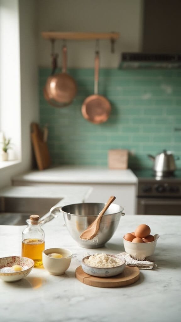 Low-Carb Almond Flour Pizza &Amp; Pie Crust (Keto-Friendly, Gluten-Free) 3 Ingredients for almond flour crust including almond flour, fresh eggs, olive oil, and sea salt, arranged in a sunlit modern kitchen with green subway tile backsplash and stainless steel appliances.