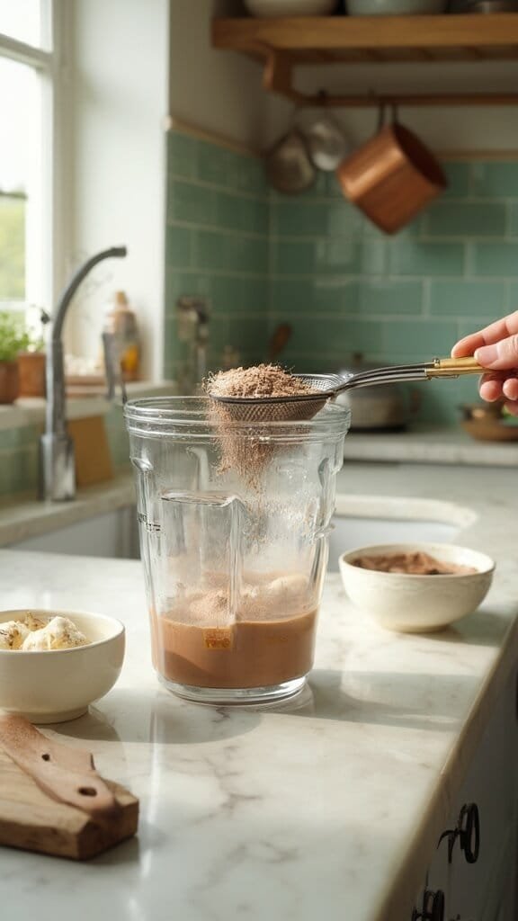 Peanut Butter Cup Protein Smoothie 5 Professional food photography of cocoa powder being sifted into a blender with banana chunks, in a modern kitchen with green subway tile backsplash and warm, earthy tones.