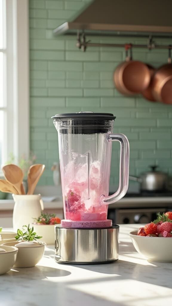 Modern kitchen with white marble countertops, stainless steel appliances, green subway tile backsplash, and high-end blender mid-blend with pink frozen fruit mixture