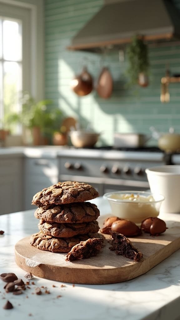 Protein Double Chocolate Chip Cookies 7 Professional food photography with cookies on a rustic wooden board in a modern kitchen, with a backdrop of green subway tiles, wooden utensils, and copper pots.