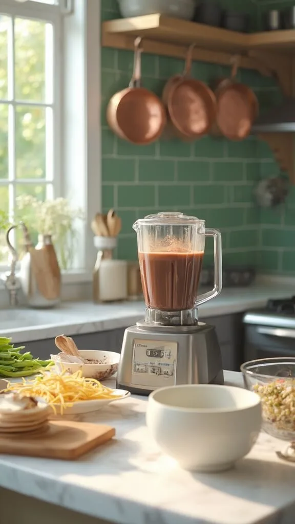 Blender in action in a modern kitchen with green subway tiles, wooden utensils and cream-colored bowls, with natural light casting soft shadows.