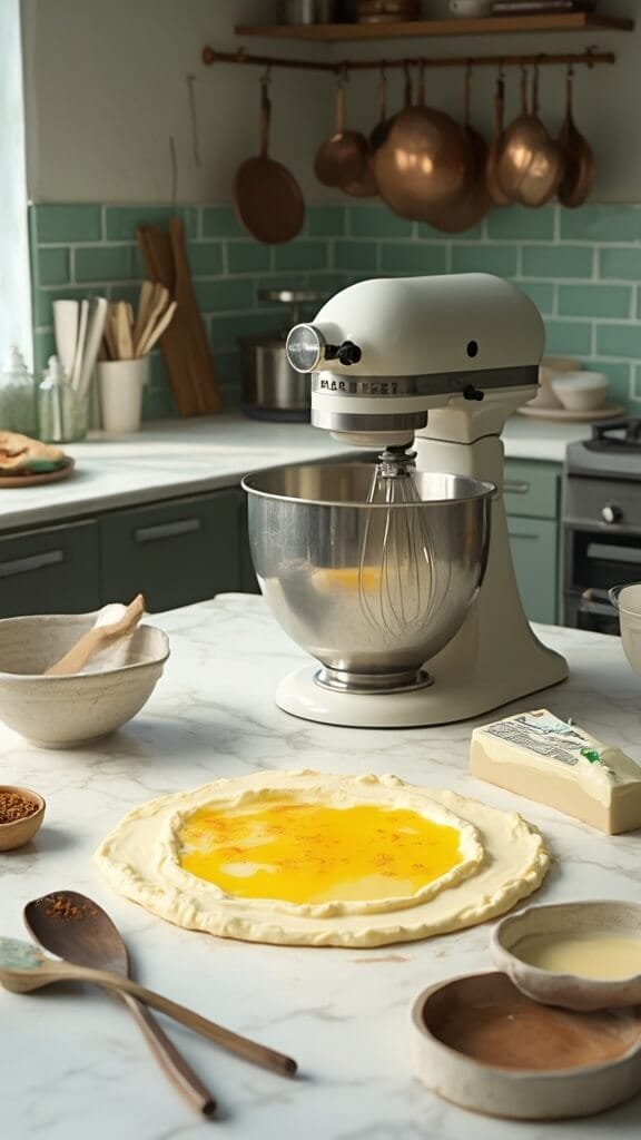 Whipping egg whites in a modern kitchen with wooden utensils, cream-colored ceramic bowls, cream cheese package, and measuring spoons on the side, under natural daylight streaming in from the window.