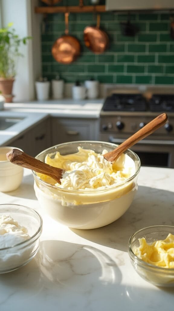 Wooden spatula folding fluffy white peaks into a golden yolk mixture in a modern kitchen with warm, earthy tones