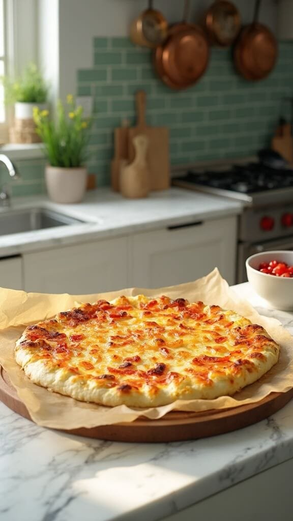 Golden baked cloud bread pizza in a modern kitchen with white marble countertops, wooden utensils, and cream-colored ceramic bowls