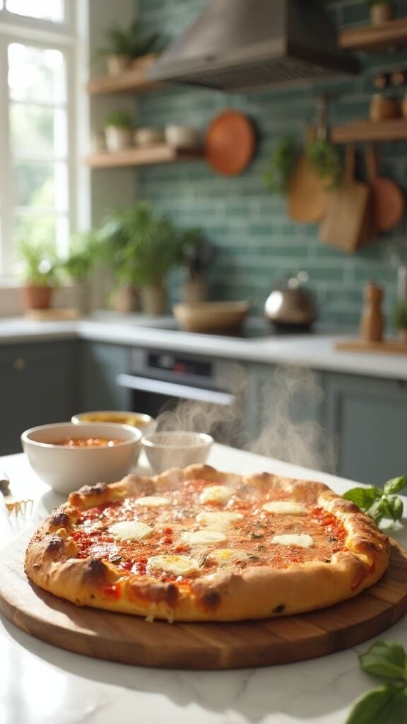Cloud bread pizza topped with melted mozzarella and sauce, on a wooden board in a modern kitchen illuminated by natural light.