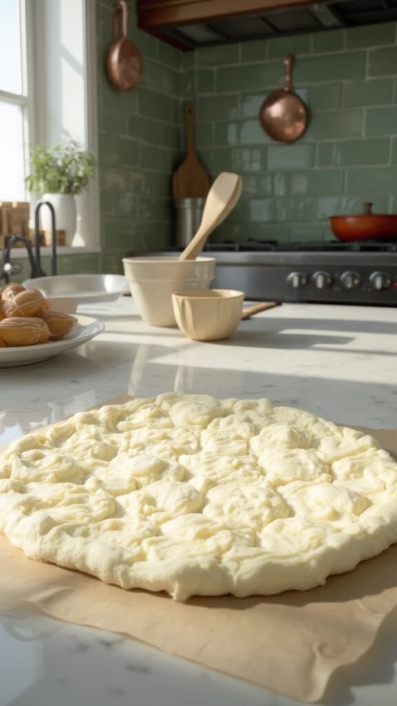 Cloud bread pizza base on parchment paper in a modern kitchen with green subway tile backsplash and wooden cooking utensils