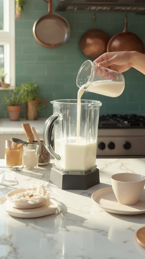 Keto Protein Milkshake 4 Professional food photography of heavy cream pouring into a blender in a modern kitchen with warm, earthy color grading