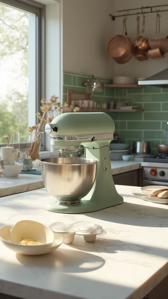 Protein Double Chocolate Chip Cookies 4 Stand mixer beating butter-sugar mixture in a modern kitchen with white marble countertops, wooden utensils, and cream-colored bowls