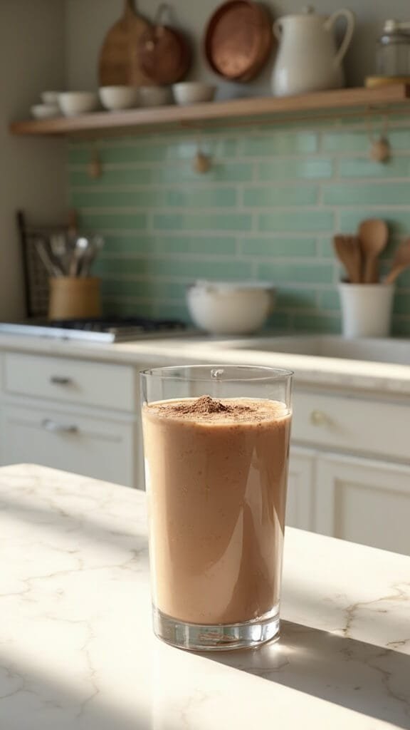 Peanut Butter Cup Protein Smoothie 7 Modern kitchen with green subway tile backsplash, copper pots and white marble countertops, featuring cream-colored ceramic and clear prep bowls. Final smoothie in a tall glass with cocoa powder garnish under natural daylight.