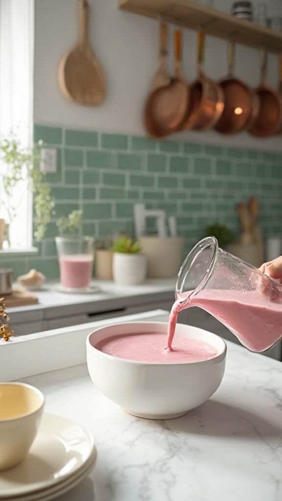 Pink smoothie being poured from blender into white ceramic bowl in modern kitchen with green subway tile backsplash under natural daylight