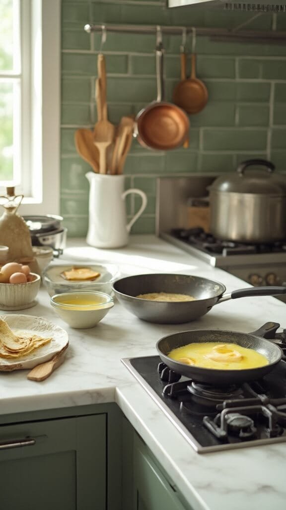 Classic Cheesy Scrambled Eggs 3 Modern kitchen with white marble countertops and stainless steel appliances, featuring a skillet with melting butter on the stove and a glass bowl of whisked egg mixture, lit by natural daylight.