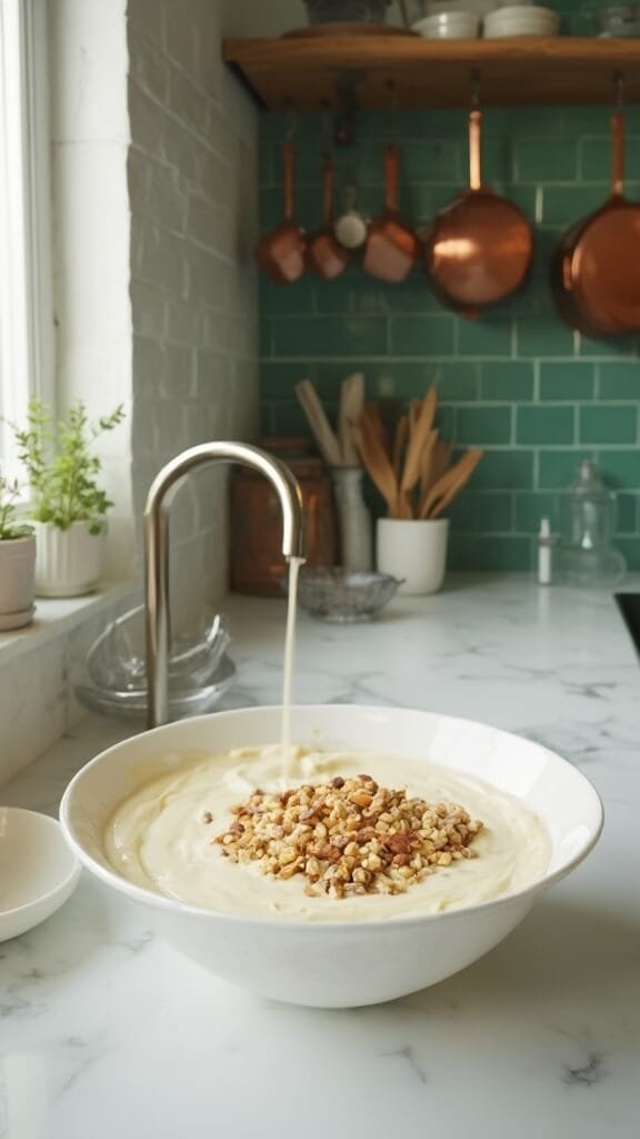 Greek Yogurt With Nuts And Stevia 6 Chopped nuts being folded into sweetened yogurt mixture in a modern kitchen with green subway tiles and copper pots