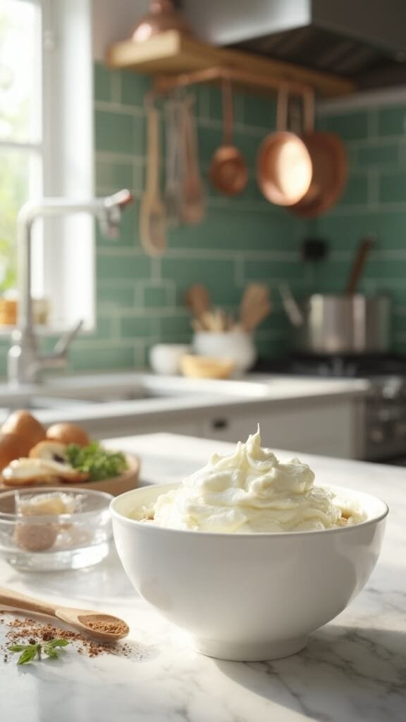 Greek Yogurt With Nuts And Stevia 3 Modern kitchen with white marble countertops and stainless steel appliances, featuring a bowl of creamy greek yogurt and ingredients for cooking, shot from a 45-degree angle with natural daylight.