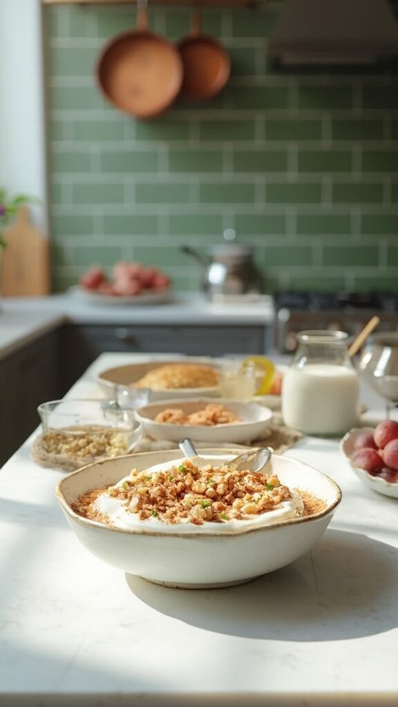 Greek Yogurt With Nuts And Stevia 7 Modern kitchen with marble countertops and stainless steel appliances, featuring a bowl of greek yogurt mixture with chopped nuts and a sprinkle of cinnamon, shot in natural daylight.