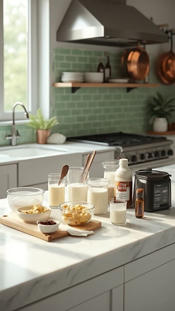 Peanut Butter Cup Protein Smoothie 3 Modern kitchen scene with food ingredients neatly arranged on a marble countertop, lit by natural daylight, showcasing contemporary appliances and utensils.