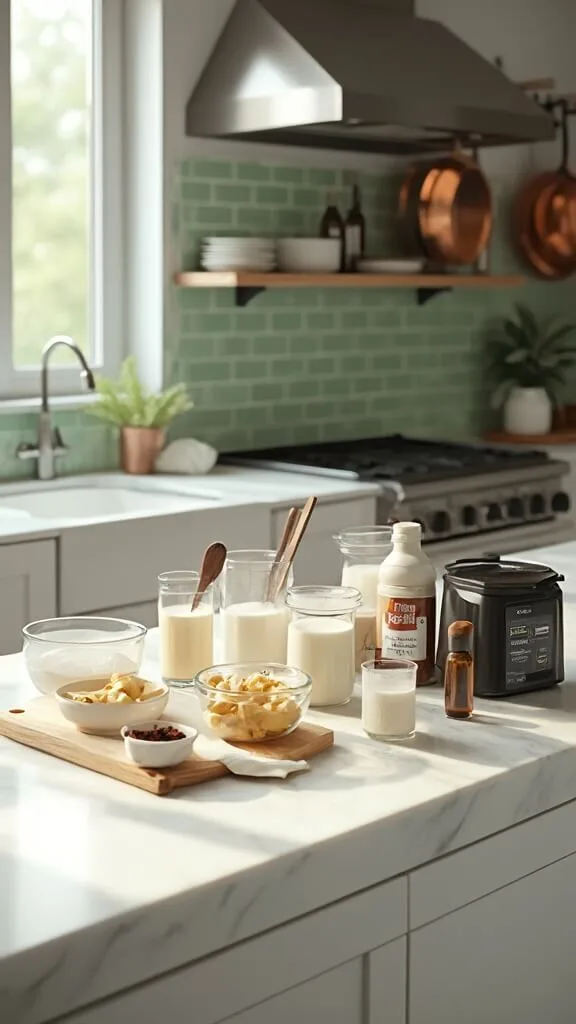 Modern kitchen scene with food ingredients neatly arranged on a marble countertop, lit by natural daylight, showcasing contemporary appliances and utensils.