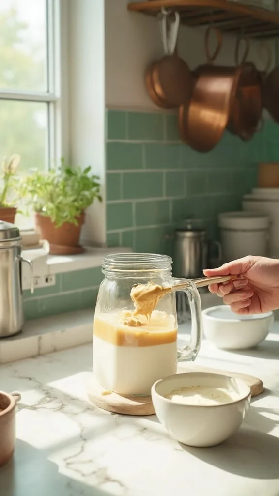 Modern kitchen scene with peanut butter drizzling from a wooden spoon into a blender filled with milk and greek yogurt, with warm, earthy color grading.