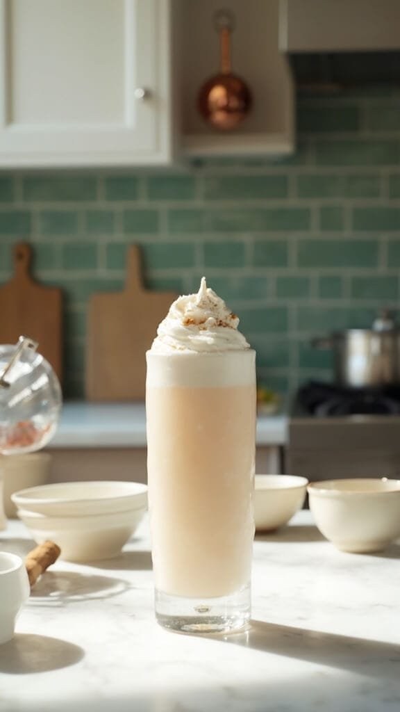 Keto Protein Milkshake 6 Professional food photography of a creamy milkshake being poured into a frosted glass in a modern kitchen with white marble countertops, wooden utensils, and green subway tiles backsplash.
