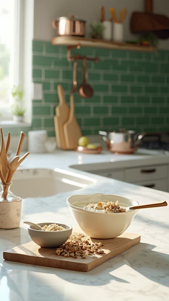 Greek Yogurt With Nuts And Stevia 5 Modern kitchen scene with wooden board holding freshly chopped nuts, modern cookware, and cream-colored ceramic bowls under natural daylight